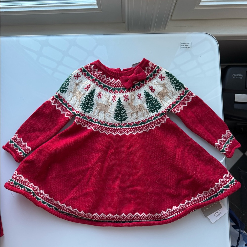 Tahari Red and Cream Knit Dress with Trees and Reindeer